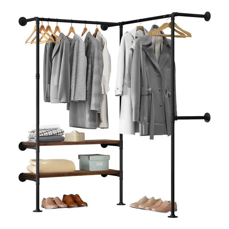 BukkitBow ruimtebesparende hoek garderobe in zwart en vintage hout, industrieel stijl, geschikt voor 150 kg, kledingrek 130.5x187x130.5cm
