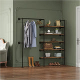 BukkitBow ruimtebesparend muur garderobe in zwart met vintage hout, industrieel kledingrek tot 150kg, afmetingen 187,5x35x184cm.