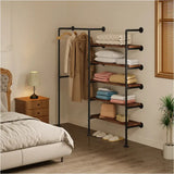 BukkitBow ruimtebesparende muur garderobe in zwart met vintage hout, industrieel stijl, geschikt tot 150kg, kledingrek, 187,5x35x184cm