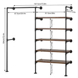 BukkitBow ruimtebesparende muur garderobe in zwart met vintage hout, industrieel stijl, geschikt voor 150kg, kledingrek 187,5x35x184cm