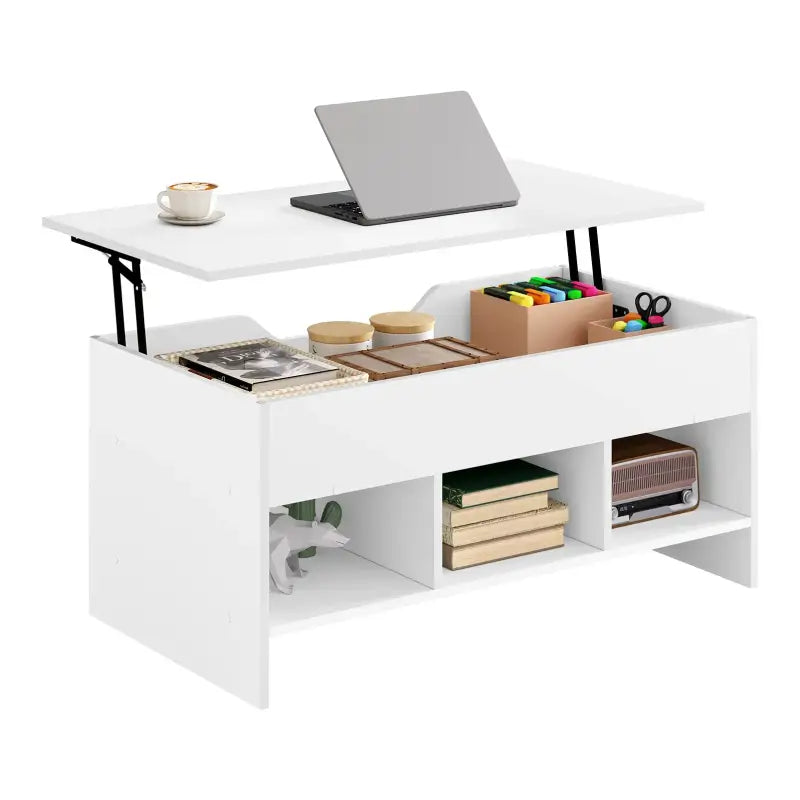 Witte BukkitBow salontafel met uitschuifbaar blad, opbergruimte en vakken, bijzettafel voor woonkamerdecoratie.