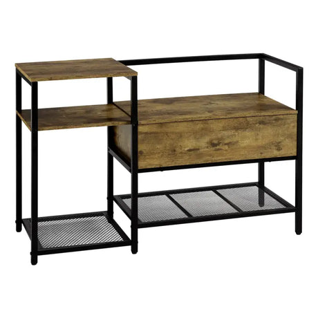 BukkitBow schoenenrek met kleine zitting, zwart metalen schoenenkast met vintage bruin houten bovenkant, stevig en stijlvol design