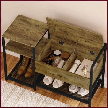 BukkitBow schoenenrek met kleine zitting, zwart metalen schoenenkast met vintage bruin houten zetel, stevig metalen frame.
