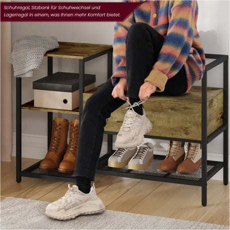 BukkitBow schoenenrek met kleine zitting, zwart metalen frame en vintage bruin houten zitvlak, stevige schoenenkast voor in de hal