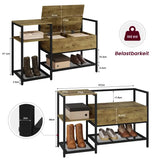 BukkitBow schoenenrek met kleine zitting, zwart metalen schoenenkast met vintage bruin hout, stevig en functioneel design