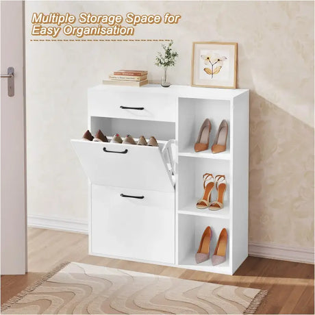 BukkitBow schoenenrek met lade en open compartimenten, ruimtebesparend, 80x90x30cm, zwart houten design voor schoenenopslag
