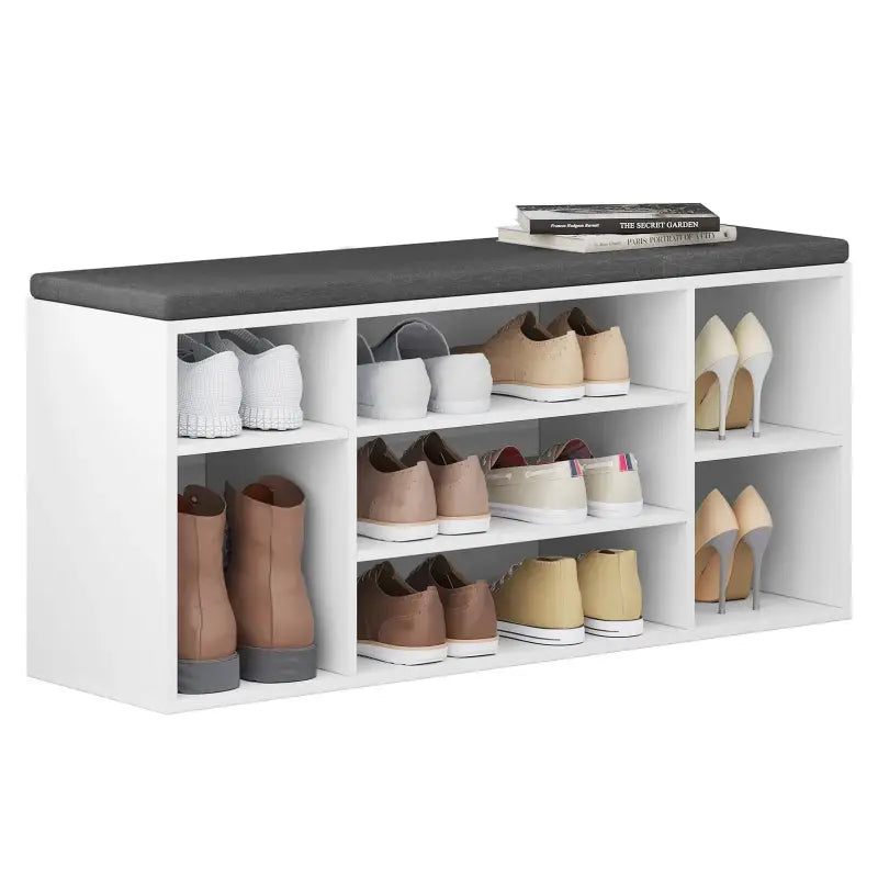BukkitBow schoenenrek met zitkussen in wit en grijs, kubusvormig opbergsysteem, comfortabele zithoek, afmeting 103,5x48x30 cm