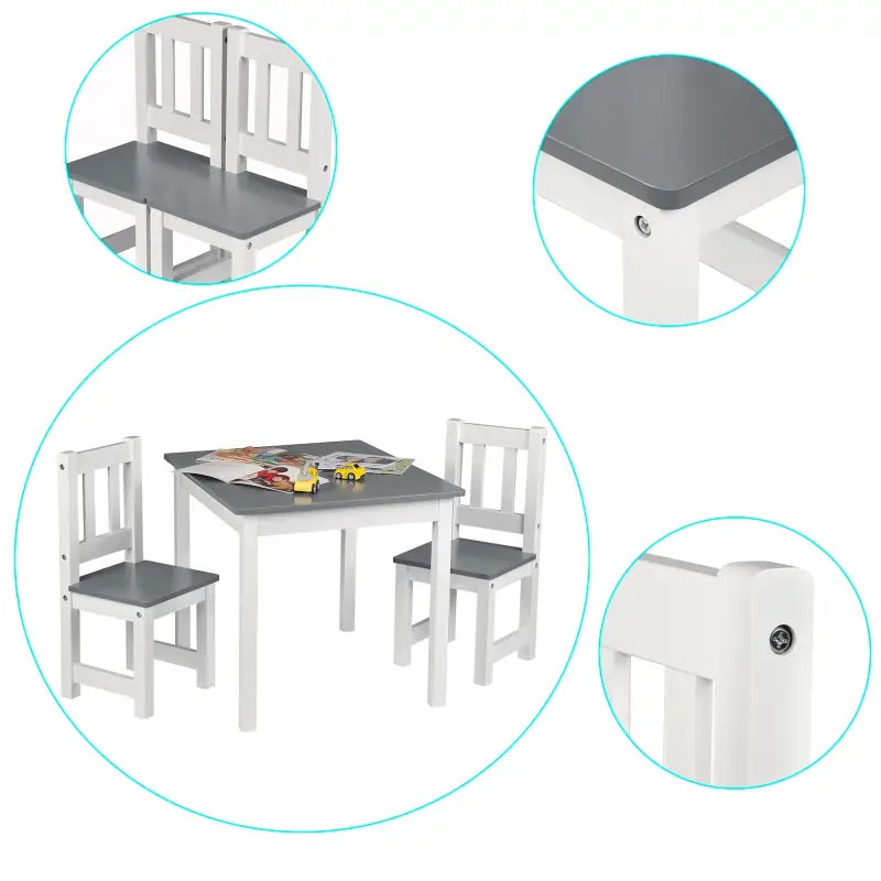 BukkitBow kindertafel met twee stoelen, compact ontwerp, veilig gebruik, afmetingen 60x50x48cm, geschikt voor kinderen.
