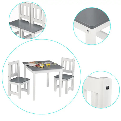 BukkitBow kindertafel met twee stoelen, compact ontwerp, veilig gebruik, afmetingen 60x50x48cm, geschikt voor kinderen.