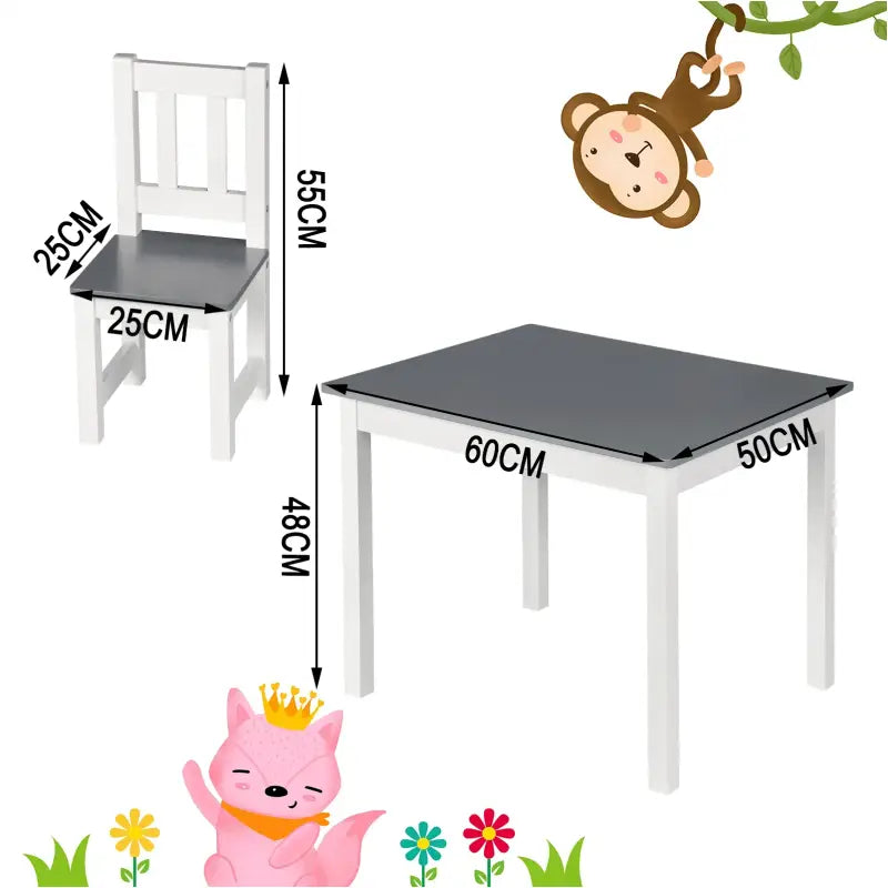 BukkitBow kindertafel met stoelen, compact en veilig ontwerp, afmetingen 60x50x48cm, geschikt voor kinderen, in een gezellige speelruimte.