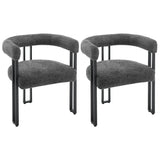 Set van 2 BukkitBow eetkamerstoelen van chenille stof met metalen poten, ergonomisch en comfortabel design.
