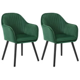 Set van 2 BukkitBow eetkamerstoelen met fluwelen bekleding, armleuningen en houten poten, gestoffeerd voor comfort.