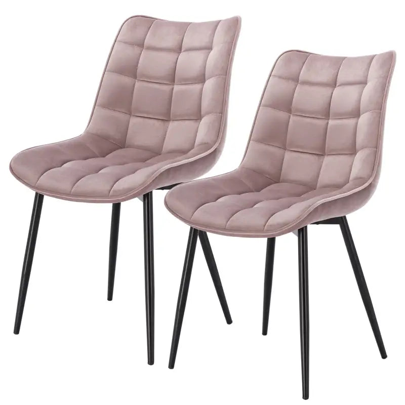 Set van 2 BukkitBow eetkamerstoelen met leren, stoffen en fluwelen bekleding, metalen poten en ergonomisch ontwerp.