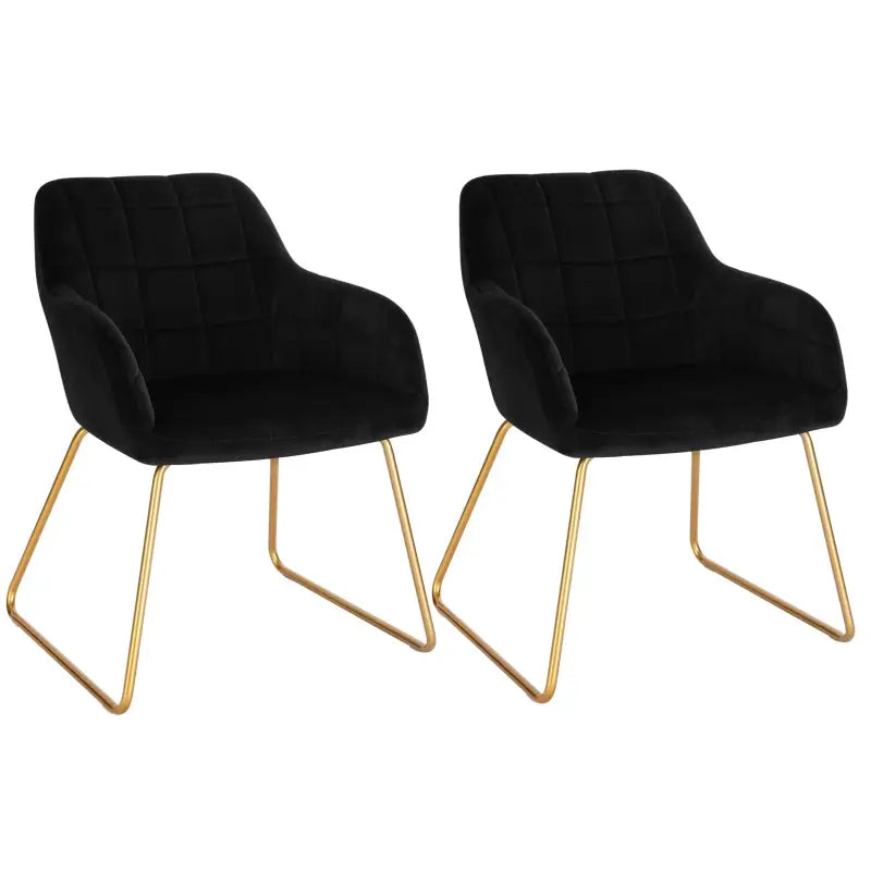 Twee stijlvolle BukkitBow fluwelen eetkamerstoelen met gouden metalen poten, comfortabele zithoogte van 48,5 cm, elegant design.