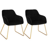 Twee stijlvolle BukkitBow fluwelen eetkamerstoelen met gouden metalen poten, comfortabele zithoogte van 48,5 cm, elegant design.