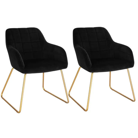 Twee stijlvolle BukkitBow fluwelen eetkamerstoelen met gouden metalen poten, comfortabele zithoogte van 48,5 cm, elegant design.