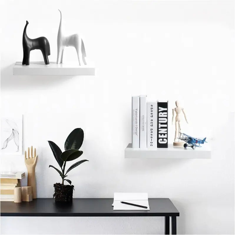 Set van 2 witte MDF boekenplanken van BukkitBow, 25x23cm en 30x23cm, max. belasting 6kg, geschikt voor muurmontage.