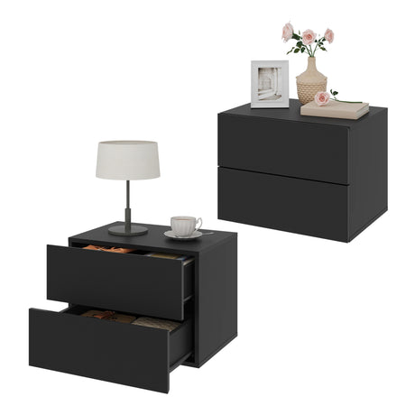 Set van 2 BukkitBow nachtkastjes van bewerkt hout met lade, zwevend en wandmontage, elegante nachtkastjes voor in de slaapkamer.