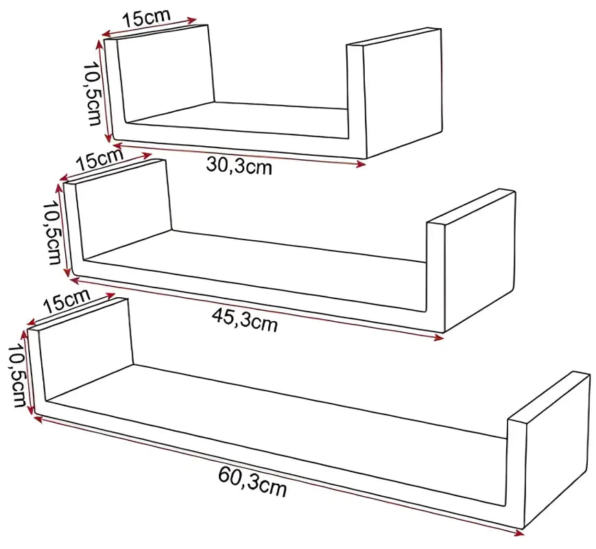 Set van 3 zwevende boekenplanken van BukkitBow, houten gelakt MDF, verschillende maten met bevestigingsmaterialen, voor stijlvolle opbergruimte.