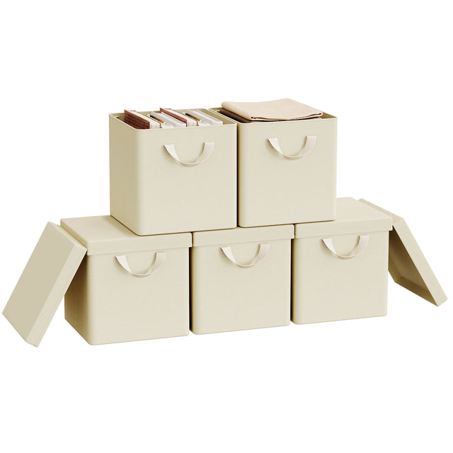 Set van 3 of 5 BukkitBow opvouwbare stoffen opbergdozen met deksels, ideale organizer voor overzicht en opbergruimte.