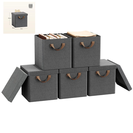 Set van 3 of 5 opvouwbare stoffen opbergdozen van BukkitBow met deksels, ideaal voor organiseringsdoeleinden in huis of kantoor.