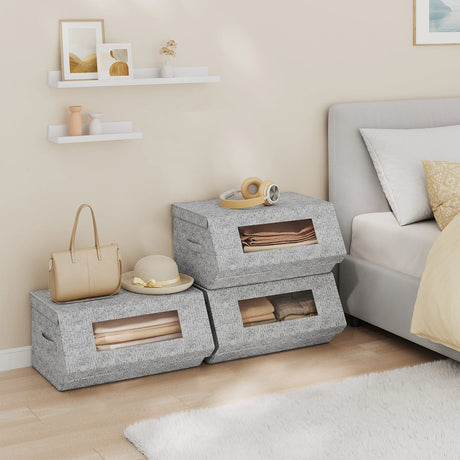 BukkitBow set van 3 stoffen opbergdozen met kijkvenster en magnetische sluiting op een opbergrek