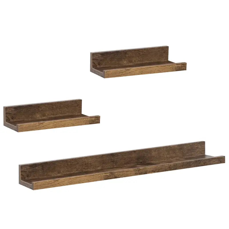 Set van drie vintage houten wandplanken van BukkitBow, MDF boekenplanken in bruin, grote en kleine formaten, max 5kg belasting
