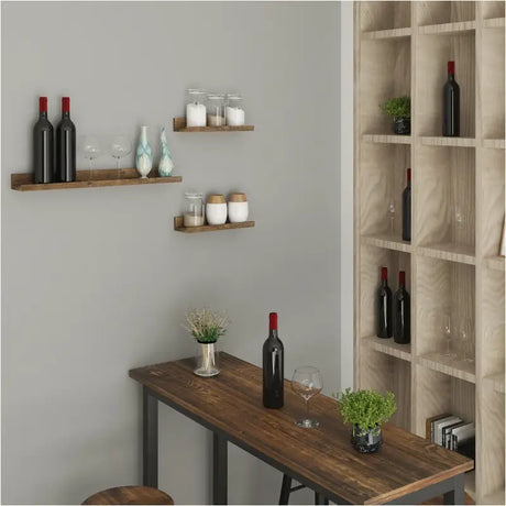 Set van 3 vintage bruine MDF boekenplanken van BukkitBow, inclusief grote en kleine wandplanken, maximaal 5 kg belasting.