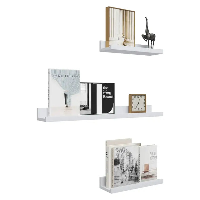 Set van 3 witte wandplanken van BukkitBow, MDF, groot en klein, ideaal voor boeken en decoratie, maximale belasting 5 kg.