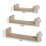 Set van 3 houten boekenplanken van BukkitBow in verschillende afmetingen, geschikt voor wandmontage en decoratie.