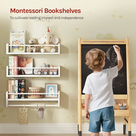 Set van 3 zwevende houten wandplanken van BukkitBow, ideaal als kinderboekenrek of decoratieve muurplanken.