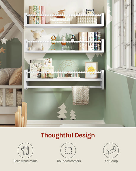 Set van 3 houten zwevende wandplanken van BukkitBow, ideaal voor boeken en decoraties in de kinderkamer.