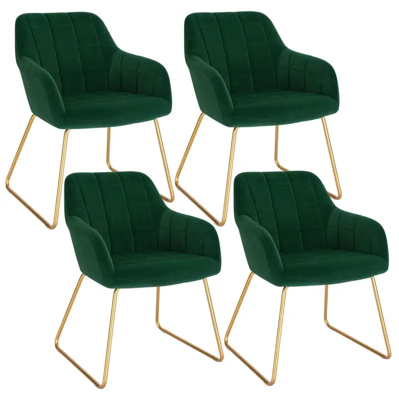 Set van 4 BukkitBow eetkamerstoelen van fluweel met goudkleurig metalen onderstel, comfortabele zithoogte van 48,5 cm.