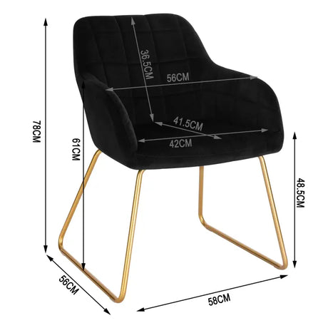 Set van 4 BukkitBow fluwelen eetkamerstoelen met goudkleurig metalen onderstel, comfortabele zithoogte van 48,5 cm.