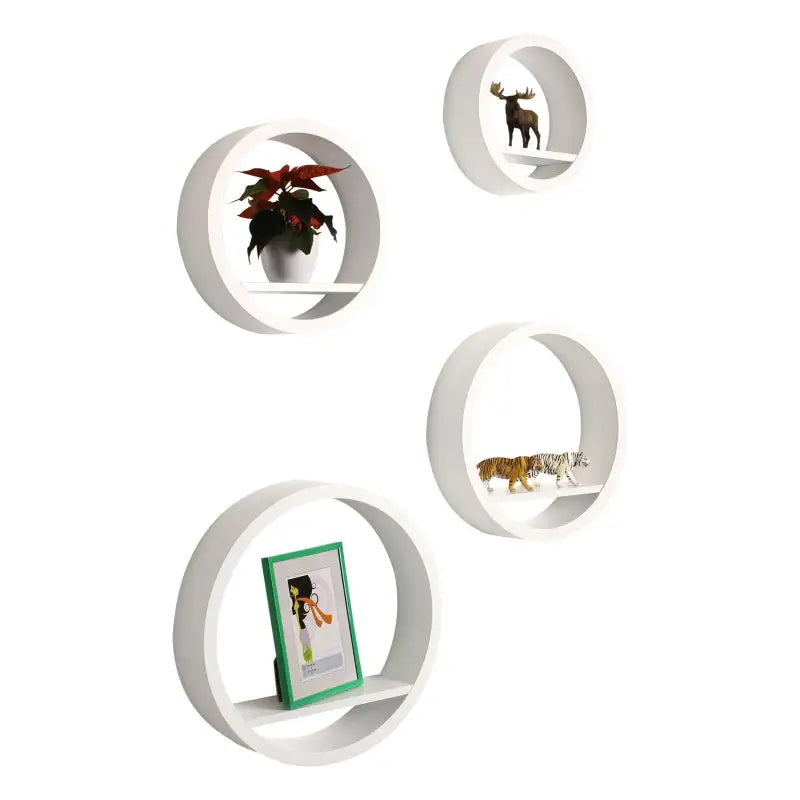 Set van 4 ronde hangende boekenplanken van BukkitBow in MDF, verkrijgbaar in XL, L, M en S, diepte 8,8 cm.