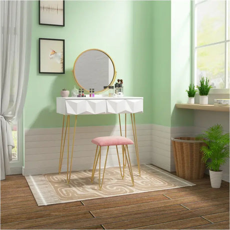 BukkitBow kaptafel en kruk van massief hout met metalen poten en spiegel, stijlvolle make-up tafel en bijpassende kruk.