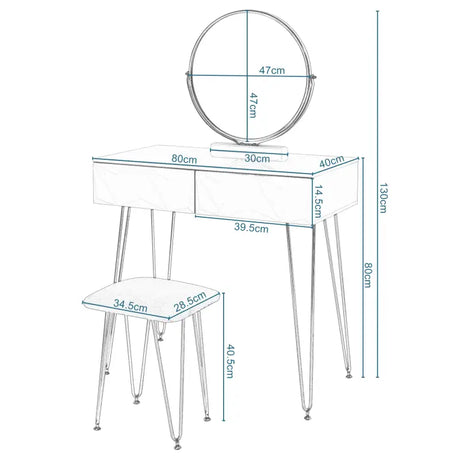 BukkitBow kaptafel en kruk set met massief hout, metalen poten en spiegel, stijlvolle en functionele meubelset voor de slaapkamer