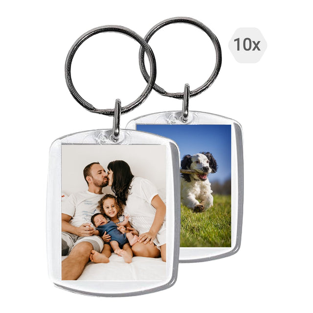 Set van 10 BukkitBow sleutelhangers met foto houder, kleurrijk en compact voor persoonlijke foto's en sleutels.