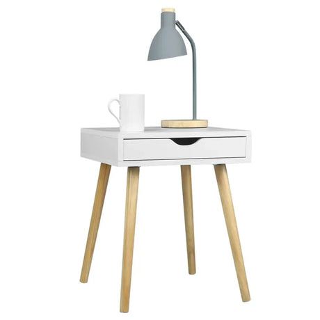 Smal BukkitBow nachtkastje met lade, MDF en massief hout, afmeting 39,8x40,5x49 cm, max belasting 5 kg, in natuurlijke houtkleur