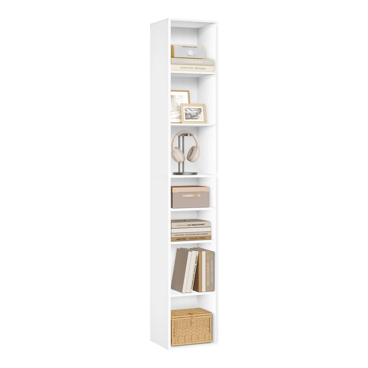 Witte BukkitBow hoge boekenkast met 7 vakken, 178,5 cm hoog, stevige houten opslag voor boeken en decoratie.