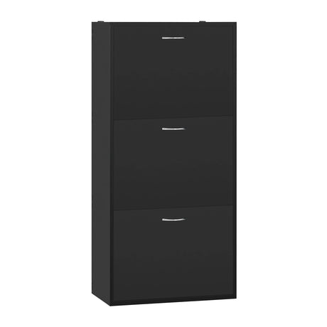 Witte en zwarte hoge schoenenkast van BukkitBow met drie kantelbakken, compact en modern design, geschikt voor schoenenopslag.