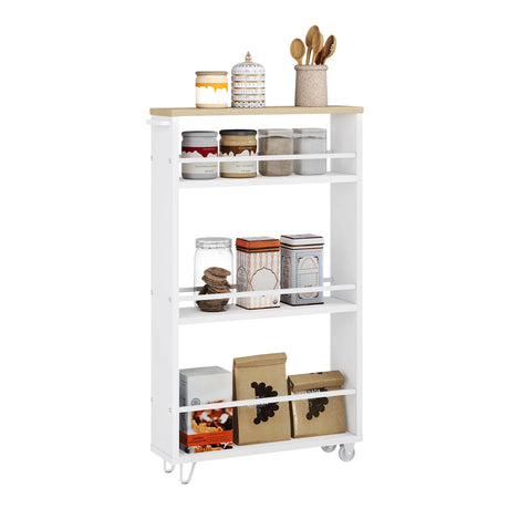 BukkitBow smalle keukentrolley met 3 lagen, houten planken, metalen frame, wielen en rem voor keuken, badkamer en kantoor.