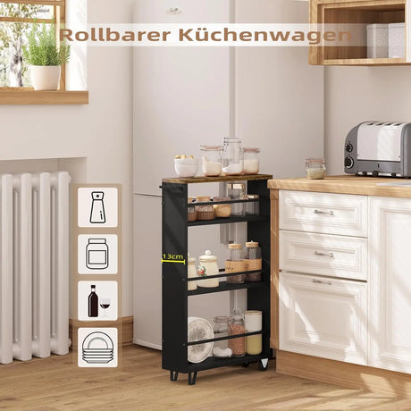BukkitBow smalle keukentrolley met 3 lagen, houten planken, metalen frame, wielen en rem voor keuken, badkamer of kantoor.