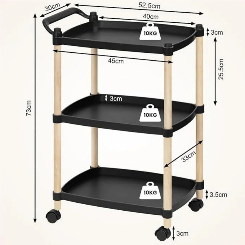 BukkitBow smalle keukentrolley met 3 niveaus, hout en zwart kunststof, praktische keukenopslag en organisatie.