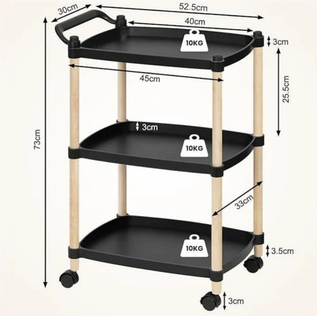 BukkitBow smalle keukentrolley met 3 niveaus, hout en zwart kunststof, praktische keukenopslag en organisatie.