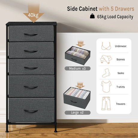BukkitBow smalle ladekast met 5 stoffen lades, vrijstaand met stevig metalen frame, geschikt voor slaapkamer en woonkamer.