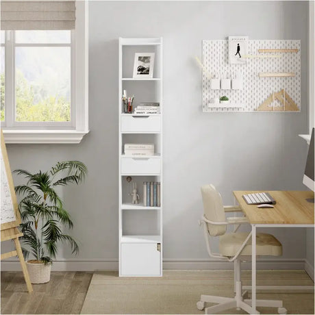BukkitBow staande boekenkast van eikenhout met melamine fineer, ruime opbergvakken, deur en laden, modern meubel voor woonkamer