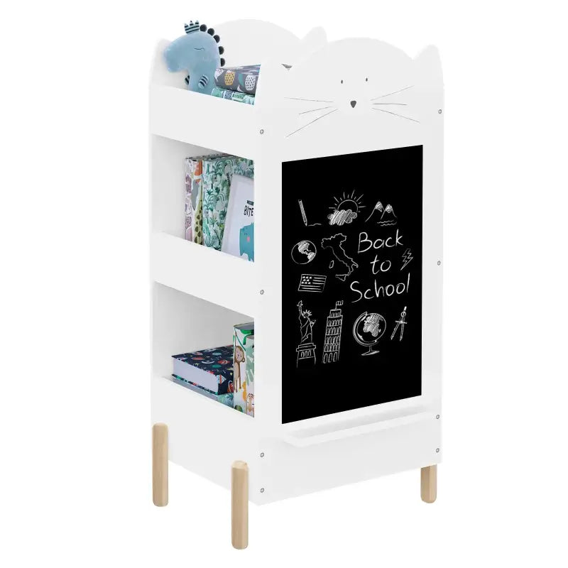BukkitBow kinder boekenkast met twee zijden opslag, krijtbord en bovenruimte, in wit en houtkleur, 45x36x85cm.
