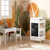 BukkitBow kinder boekenkast staand met opslag aan 2 zijden, krijtbord, krijtplankje en bovenruimte in zwart en houtkleur, afmetingen 45x36x85cm.