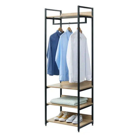 BukkitBow staande kapstok met rek en planken, 56x36x170 cm, houten design voor praktische opslag en veelzijdigheid in de hal.